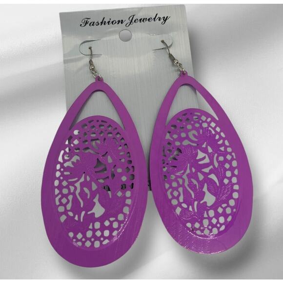 Vintage Purple Tone Open Work Drop Earrings Style Chic Fashion Elegant VTG NWOT - Picture 1 of 10